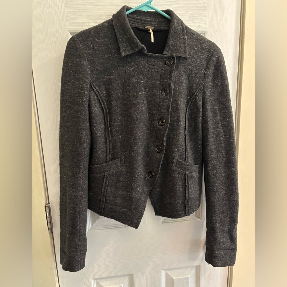 Free People Wool Linen Blend Dark Grey Single Breasted Coat